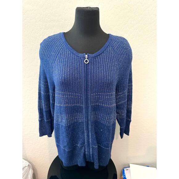ALEX MARIE |  Blue Metallic Knit Zip Cardigan Sweater | Size 1X - Picture 2 of 6